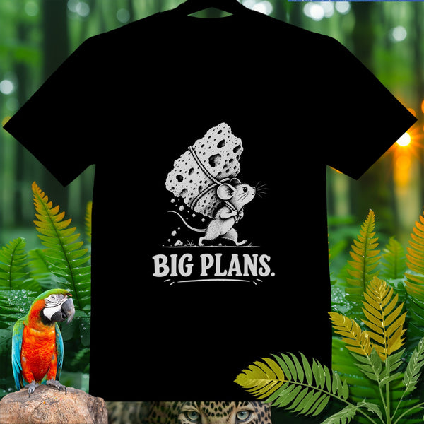 Black t-shirt with a cartoon mouse carrying cheese and the text "BIG PLANS."