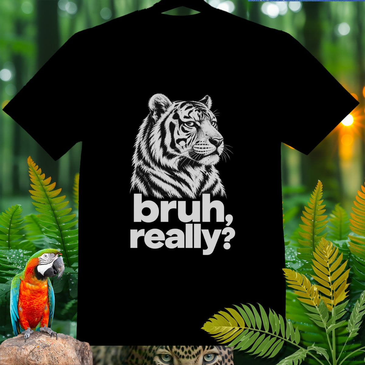 Black t-shirt with tiger graphic and text "bruh, really?".