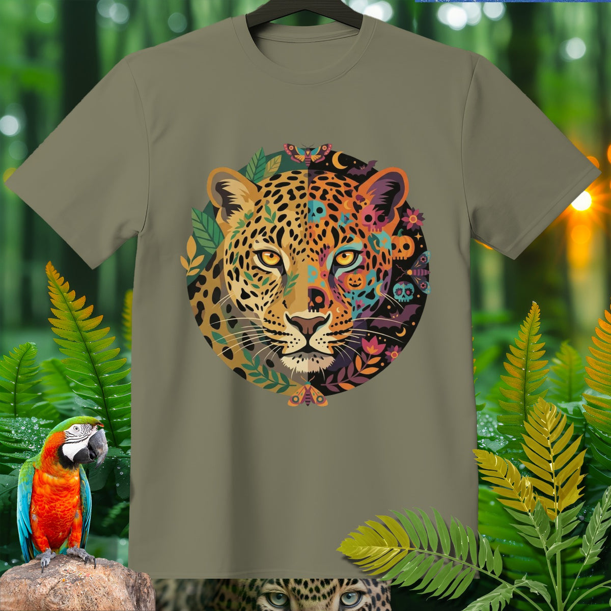 Leopard face with Halloween-themed designs and floral accents on a green t-shirt.