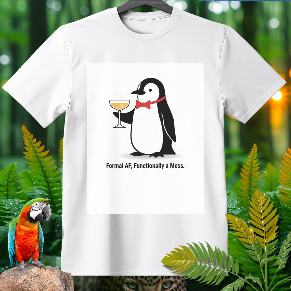 White t-shirt with a cartoon penguin holding a glass and red bowtie, text "Formal AF, Functionally a Mess."