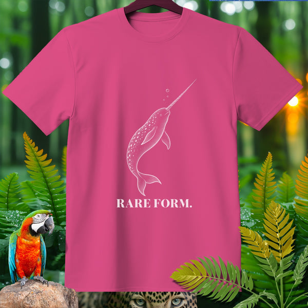 Pink t-shirt with white narwhal graphic and text "RARE FORM."