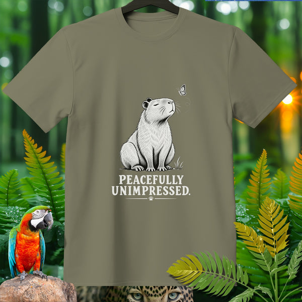Capybara with butterfly on t-shirt, text "PEACEFULLY UNIMPRESSED".