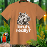 Brown t-shirt with a black and white illustration of a hippo and text 