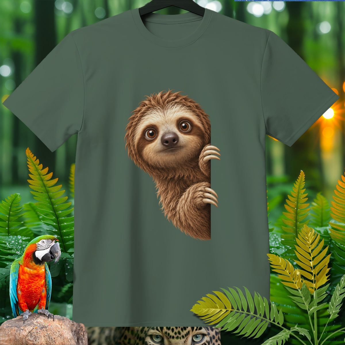 Green t-shirt with a sloth peeking from the side, rainforest background.