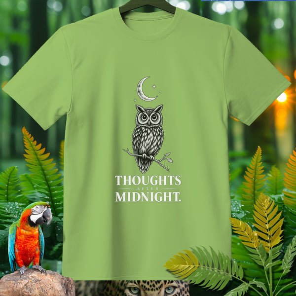 Green t-shirt with illustration of owl, moon, stars, and text "THOUGHTS AFTER MIDNIGHT".