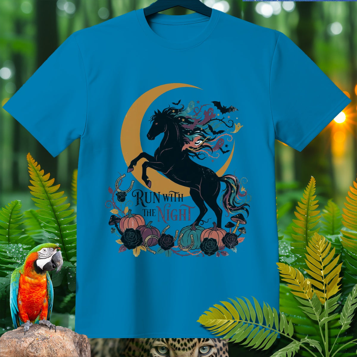 Blue t-shirt with "Run With The Night" text and a black horse and crescent moon graphic.