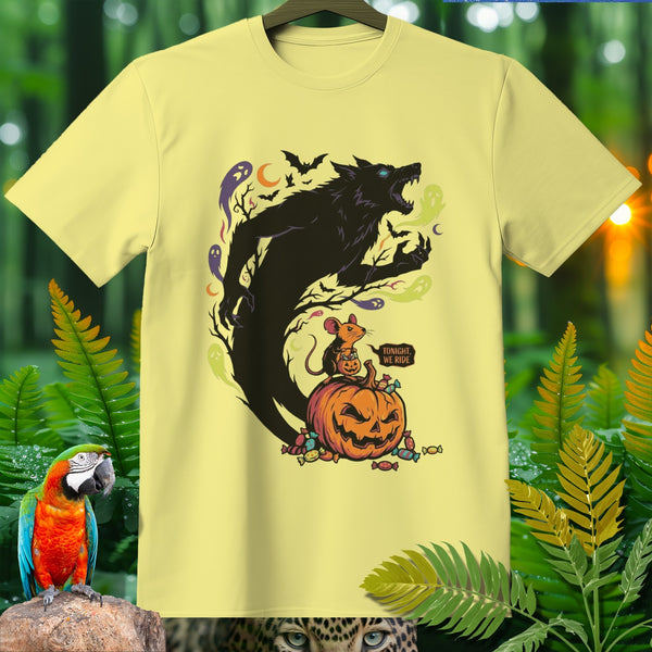 Yellow t-shirt with werewolf, mouse, pumpkin, ghosts, bats, and "Tonight we ride" text.