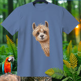 Blue t-shirt with a cartoon alpaca peeking from the side.