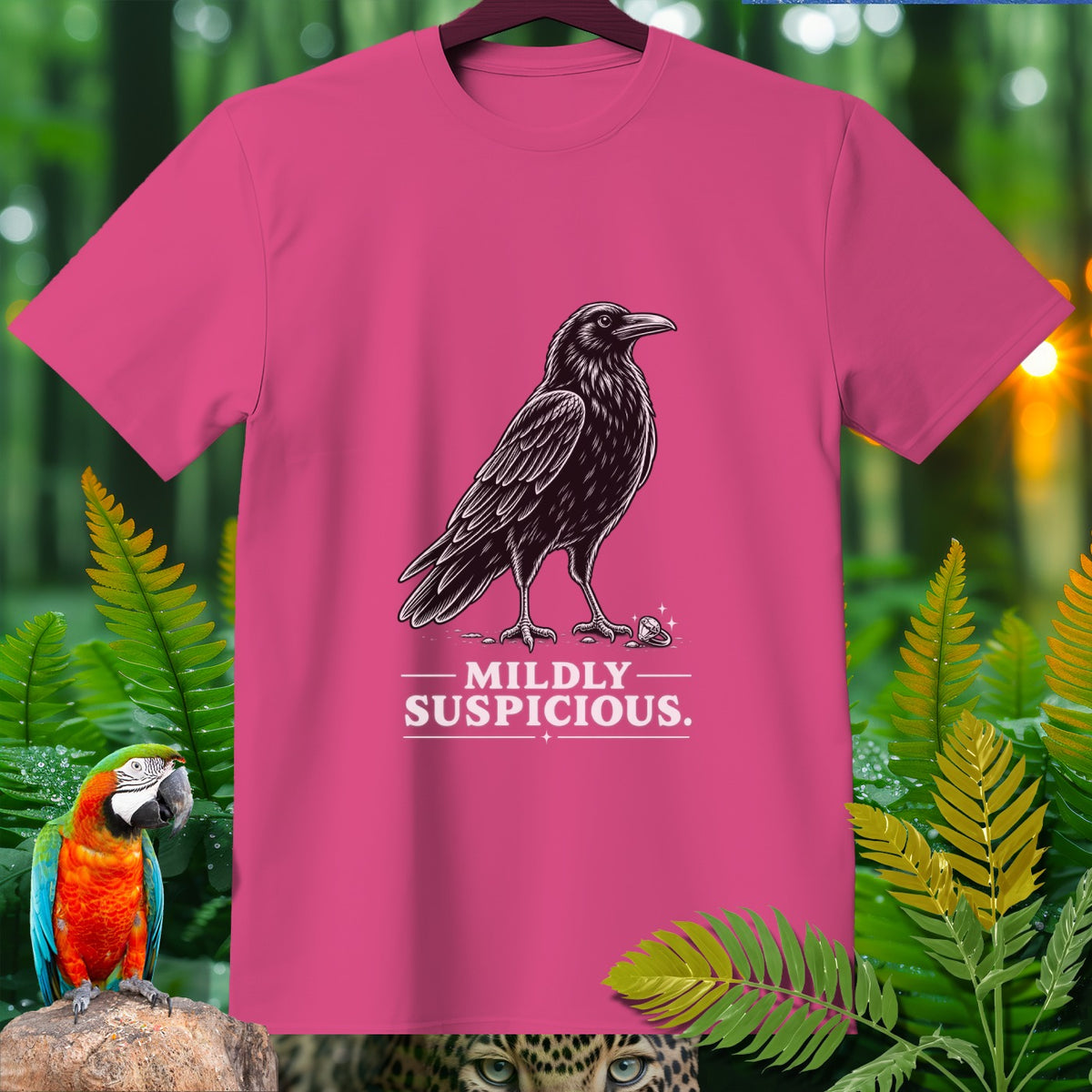 Pink t-shirt with a drawing of a crow and the text "MILDLY SUSPICIOUS."