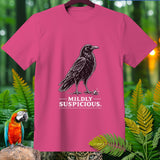 Pink t-shirt with a drawing of a crow and the text 