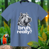 Blue t-shirt with black and white illustration of a hippo and text 