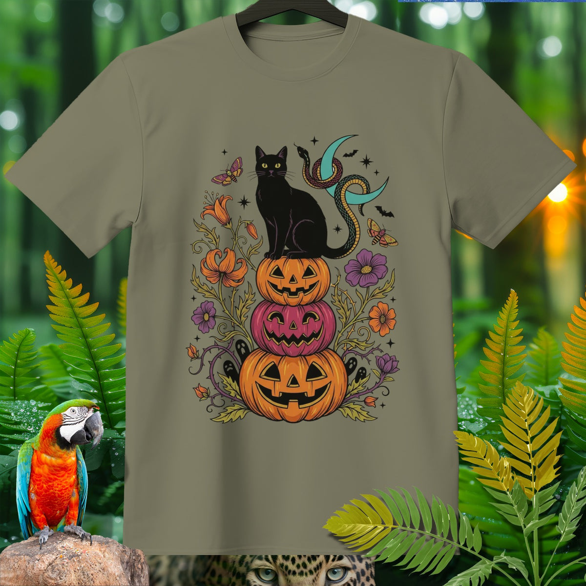 Black cat on stacked pumpkins with snake and crescent moon, surrounded by flowers and butterflies.
