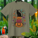 Black cat on stacked pumpkins with snake and crescent moon, surrounded by flowers and butterflies.