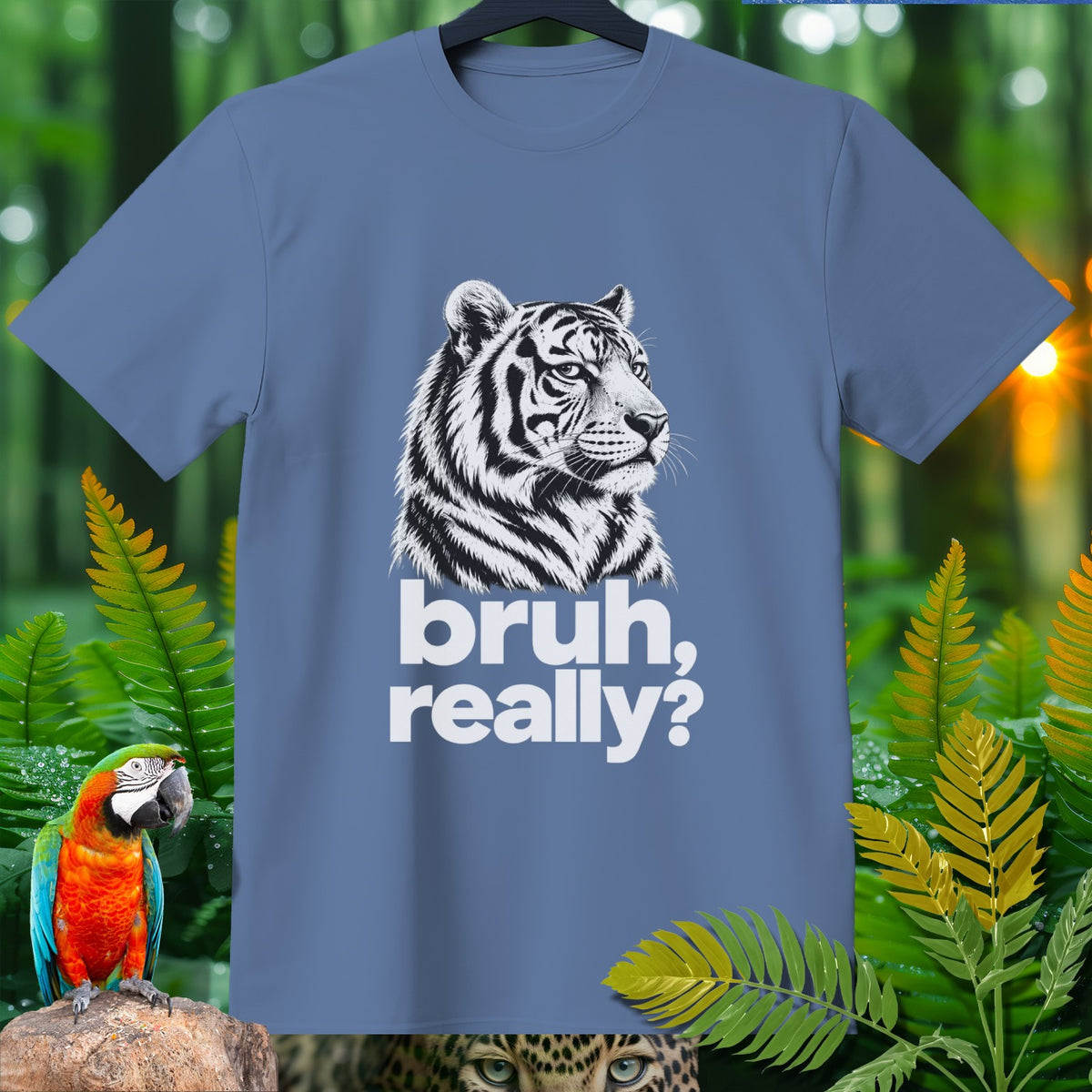 Blue t-shirt with a white tiger graphic and text "bruh, really?".