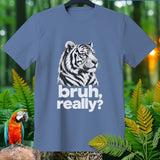 Blue t-shirt with a white tiger graphic and text 