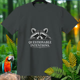 Dark grey t-shirt with a raccoon peeking over the text 