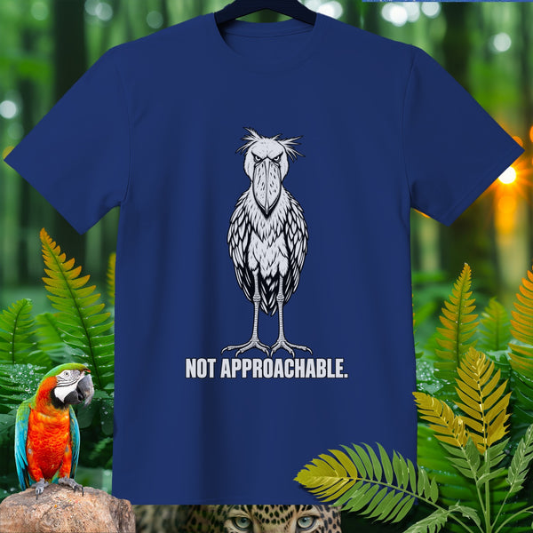 Shoebill stork graphic with "NOT APPROACHABLE" text on a navy blue t-shirt.