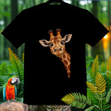 Black t-shirt with a peek-a-boo giraffe graphic, surrounded by jungle foliage.