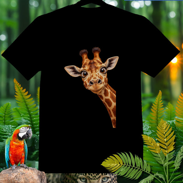 Black t-shirt with a peek-a-boo giraffe graphic, surrounded by jungle foliage.