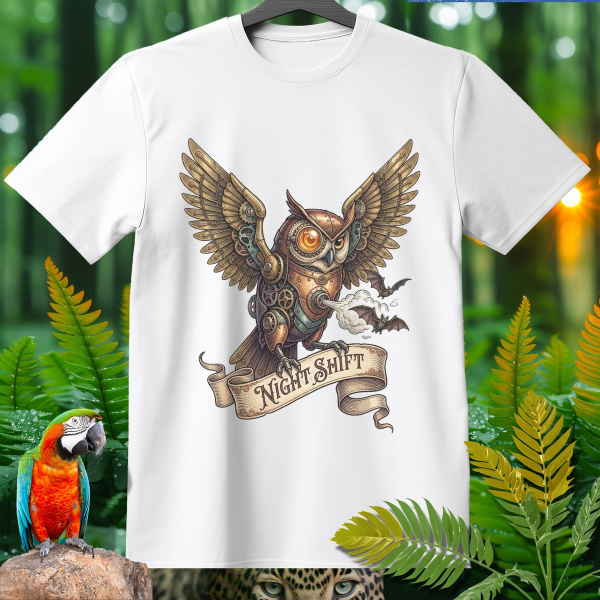 White t-shirt with steampunk owl graphic and "Night Shift" banner.
