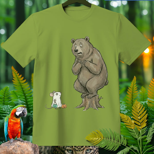 Bear on stump looks scared at mouse in ghost costume with pumpkin.