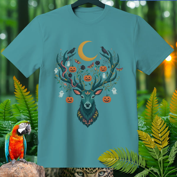 Teal t-shirt with a Halloween-themed deer head graphic featuring pumpkins, ghosts, and a moon.