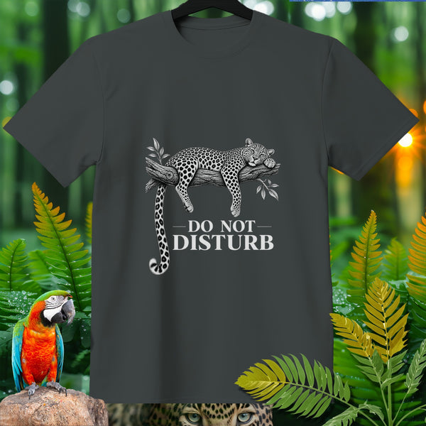Dark gray t-shirt with a sleeping leopard and "DO NOT DISTURB" text.