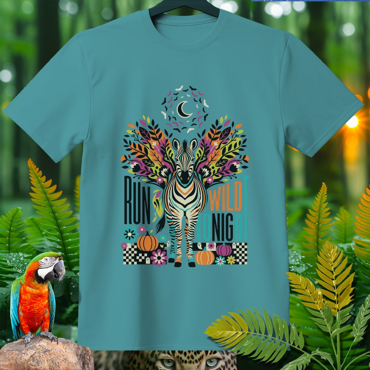 Teal t-shirt with a stylized zebra and colorful foliage, text reads "RUN WILD NIGHT".