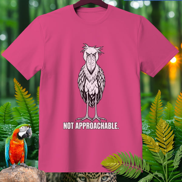 Pink t-shirt with a sketch of a shoebill bird and the text "NOT APPROACHABLE."