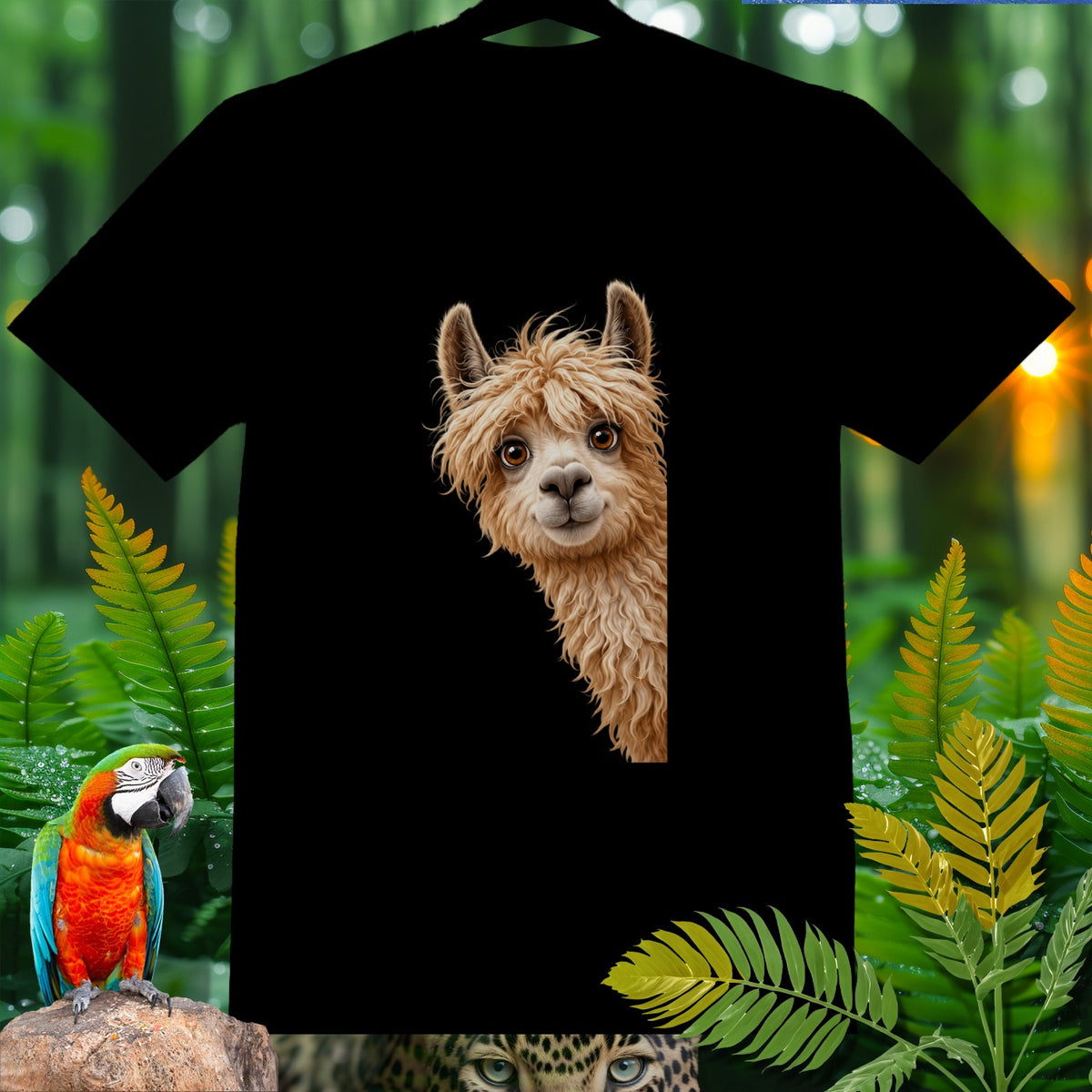 Black t-shirt with a curious alpaca peeking from the side.