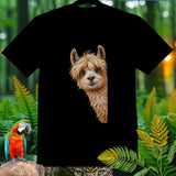 Black t-shirt with a curious alpaca peeking from the side.