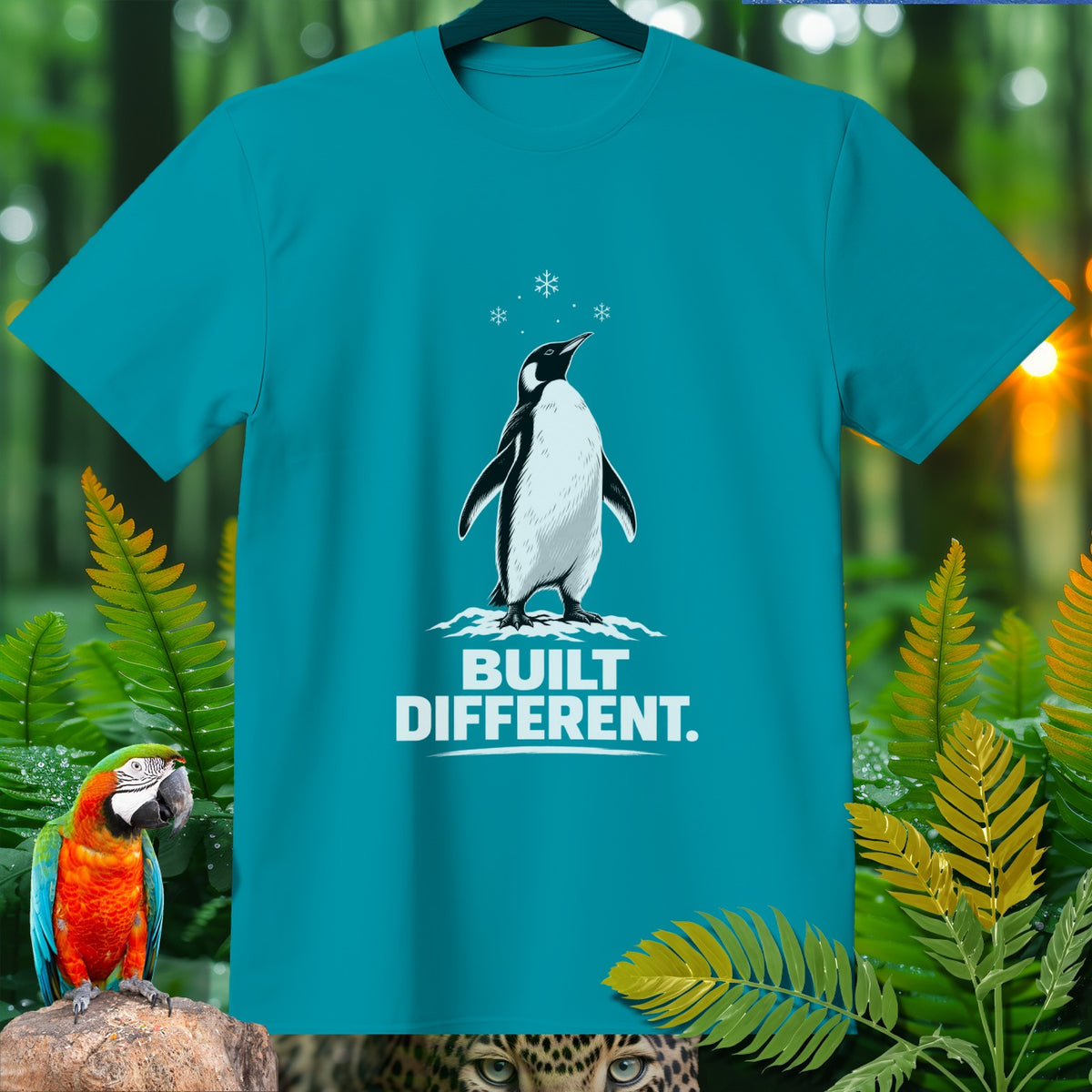 Teal t-shirt with a penguin graphic and text "BUILT DIFFERENT."