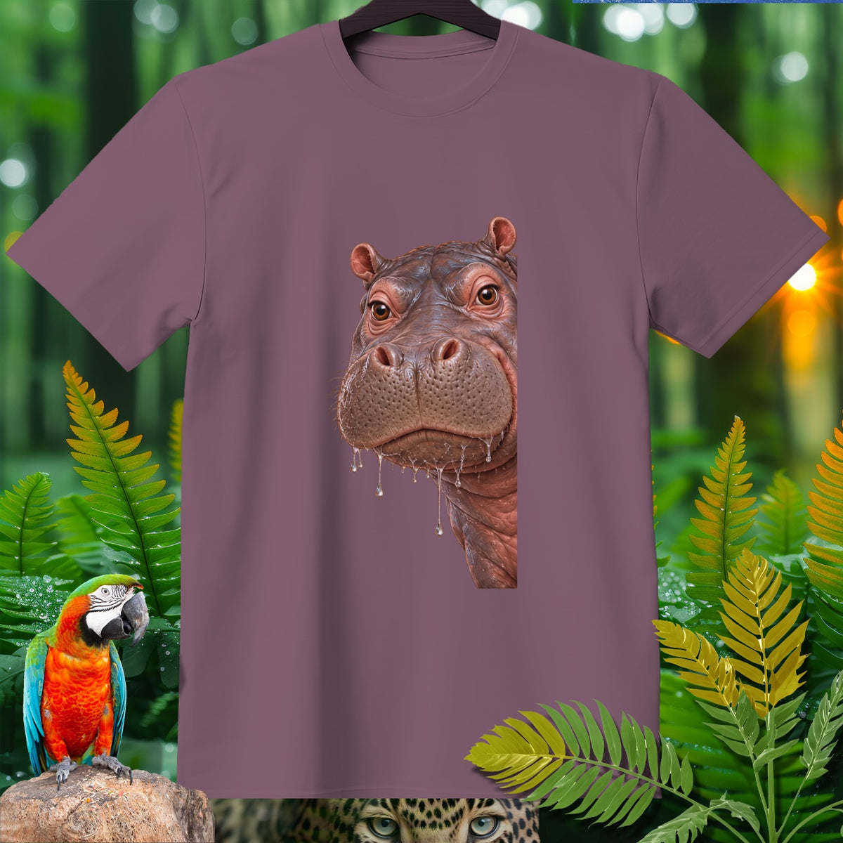 T-shirt with a hyperrealistic hippo face graphic and jungle foliage.