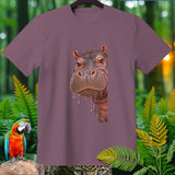 T-shirt with a hyperrealistic hippo face graphic and jungle foliage.