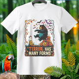 White t-shirt with Halloween graphic of bear, mouse, pumpkins, and text 