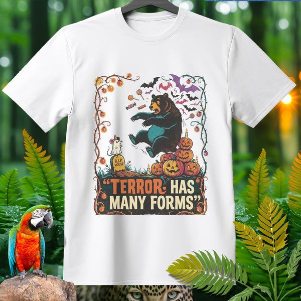 White t-shirt with Halloween graphic of bear, mouse, pumpkins, and text "Terror Has Many Forms".