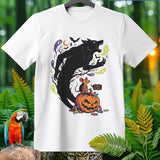 White t-shirt with Halloween werewolf, mouse, pumpkin, and ghosts design.