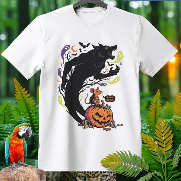 White t-shirt with Halloween werewolf, mouse, pumpkin, and ghosts design.