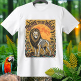 White t-shirt with skeleton lion graphic and text 