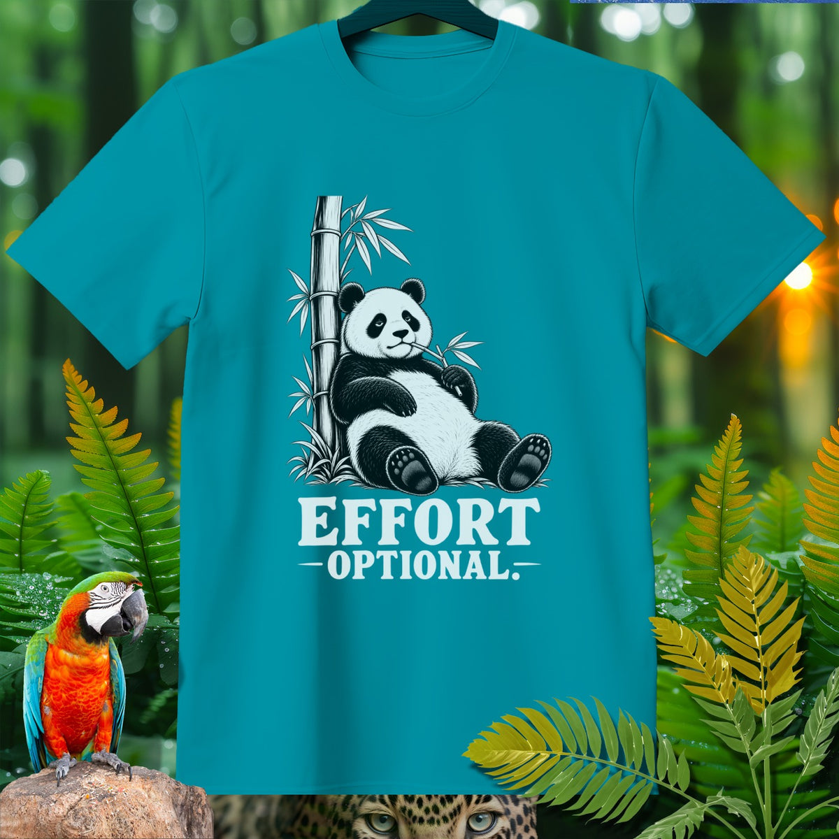 Teal t-shirt with a panda sitting by bamboo, reading "Effort Optional".