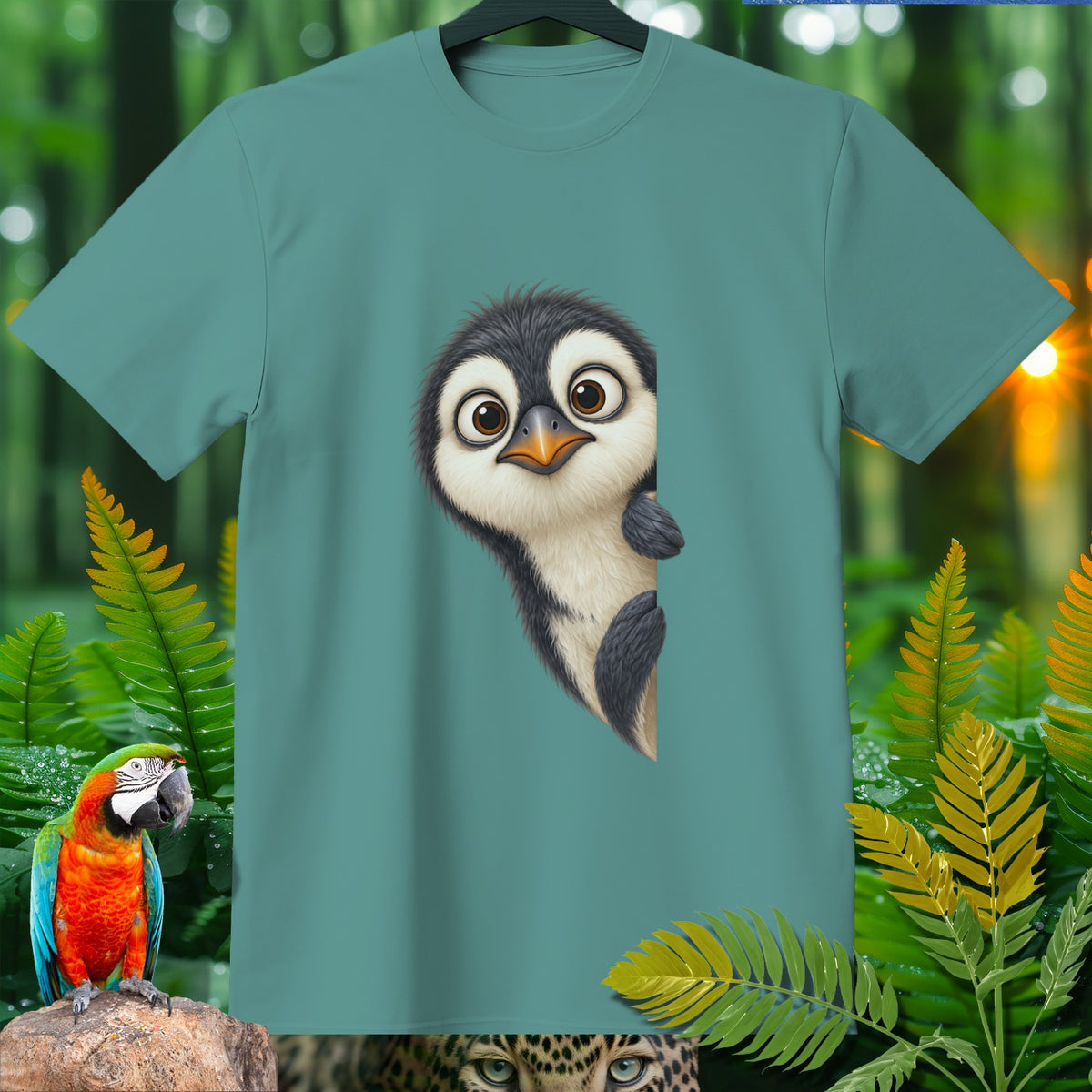 Teal t-shirt with cute cartoon penguin peeking out from the side.