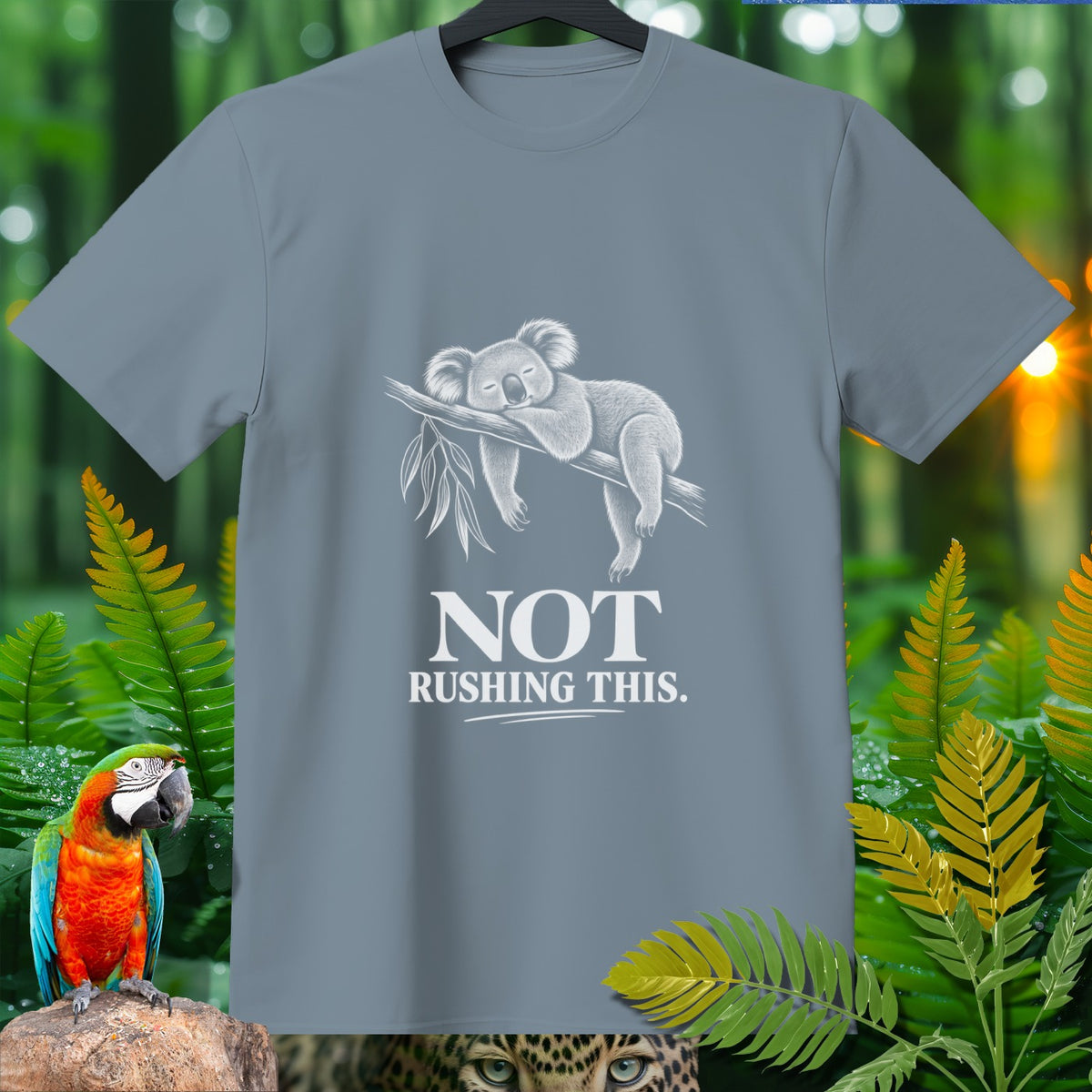 T-shirt with a sleeping koala on a branch, text "NOT RUSHING THIS."