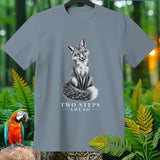 Gray t-shirt with a black and white drawing of a fox and text 