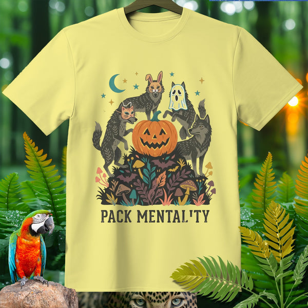 Yellow t-shirt with wolves in costumes around a jack-o'-lantern. Text reads "PACK MENTAL'TY".