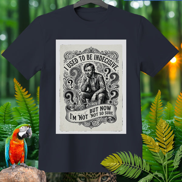 T-shirt with text "I used to be indecisive, but now I'm not so sure" and drawing.