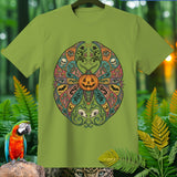 Green t-shirt with a circular Halloween-themed mandala design featuring a jack-o'-lantern.