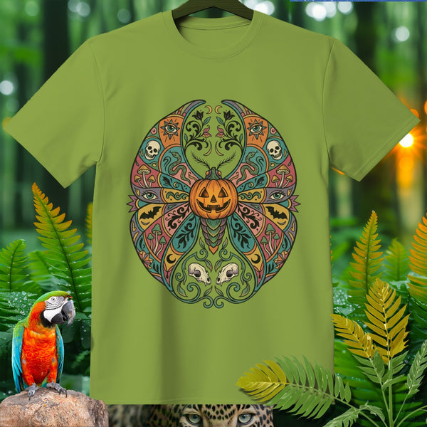 Green t-shirt with a circular Halloween-themed mandala design featuring a jack-o'-lantern.
