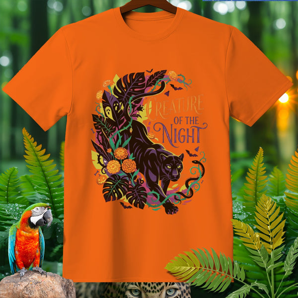 Orange t-shirt with black panther graphic and "Creature of the Night" text.