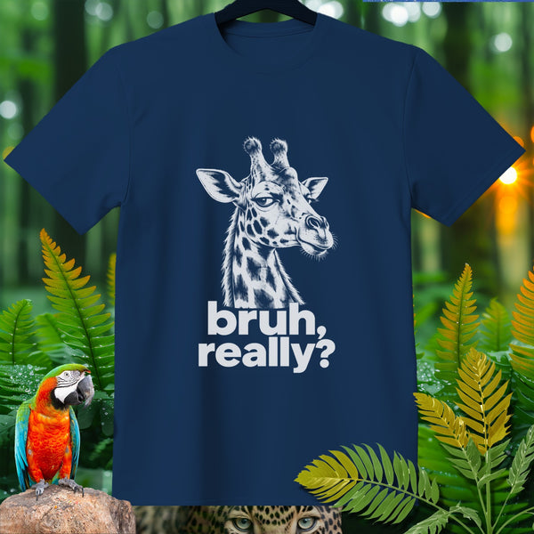 Navy t-shirt with a white line drawing of a giraffe head and text "bruh, really?".