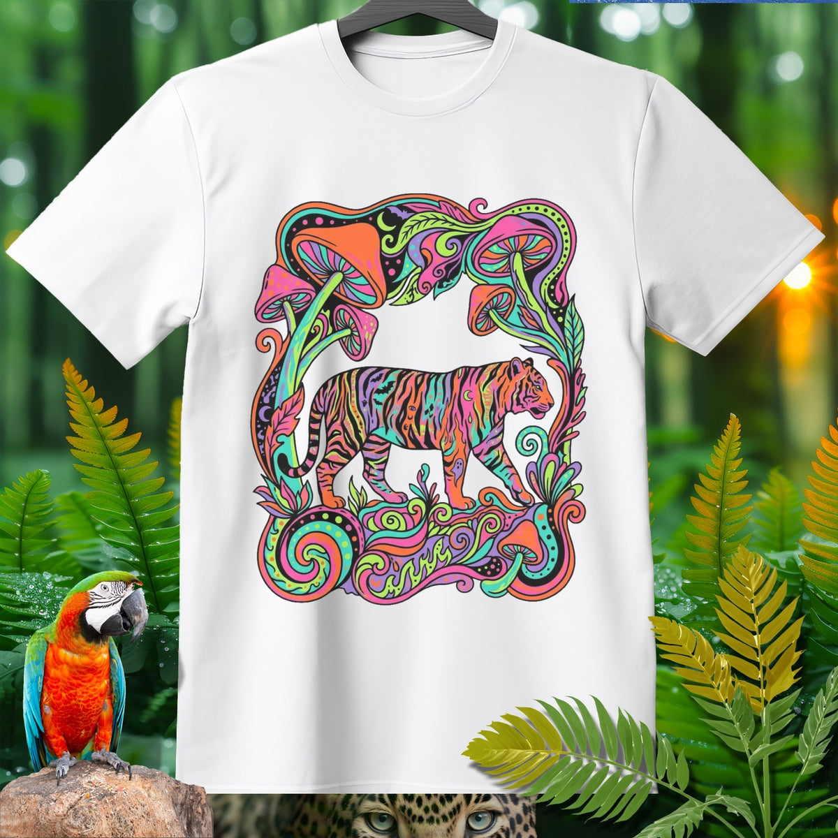 White t-shirt with a psychedelic tiger and mushroom graphic.